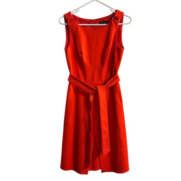 Karen Millen Pleated Belted A-line Crepe Dress Coral Red Size 6 Classic - Picture 4 of 9